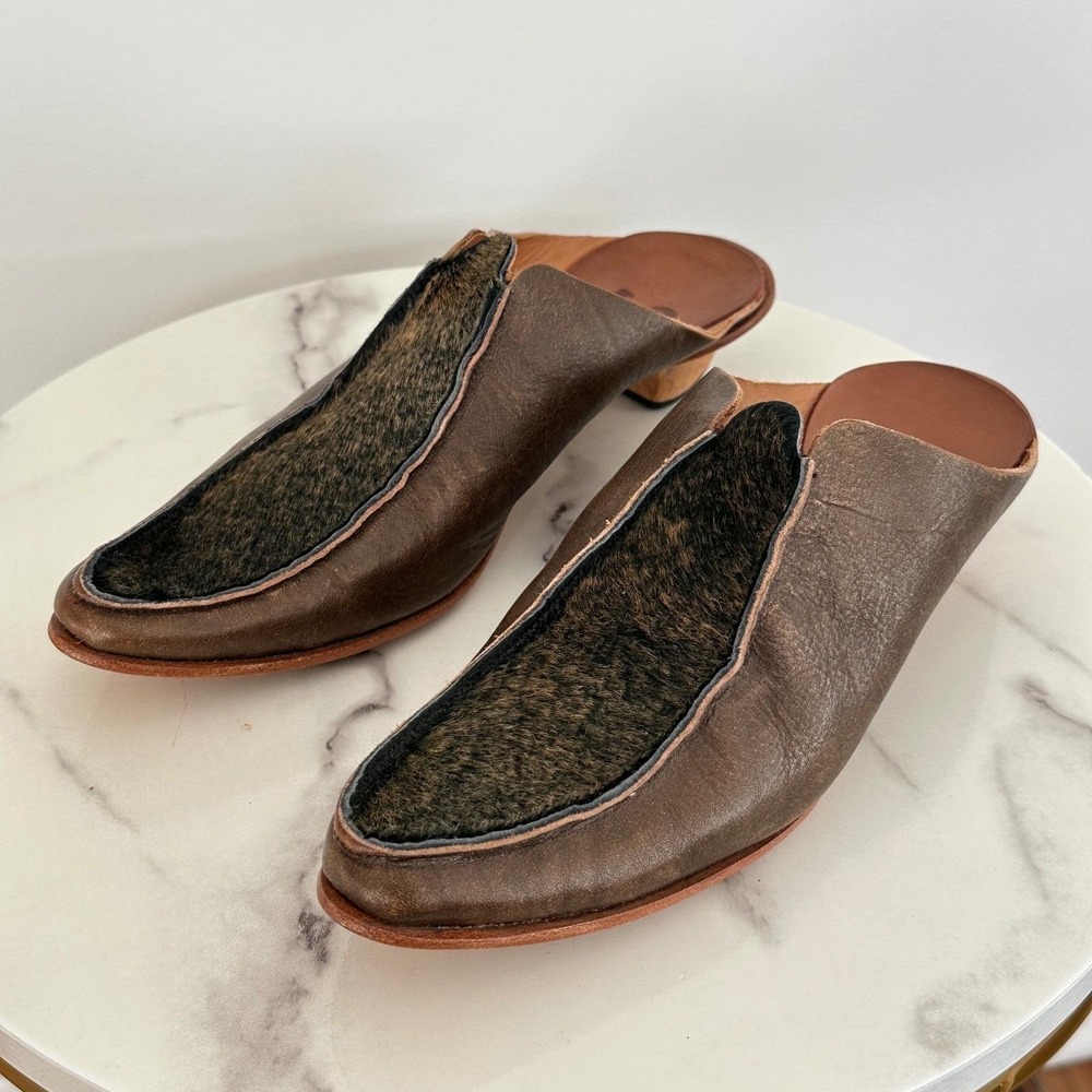 CYDWOQ Vintage Brown Leather Pony Hair Mules Kitten Heel Shoes 37 / 7 Handmade